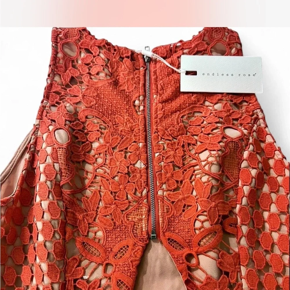 NWT cottagecore boho wedding guest Endless Rose coral sheath lace mini dress - Picture 6 of 6